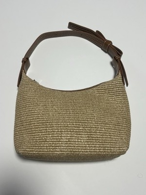 Women s Beige Woven Shoulder Bag, Brown Leather Strap, Zip Top, Inner Pockets