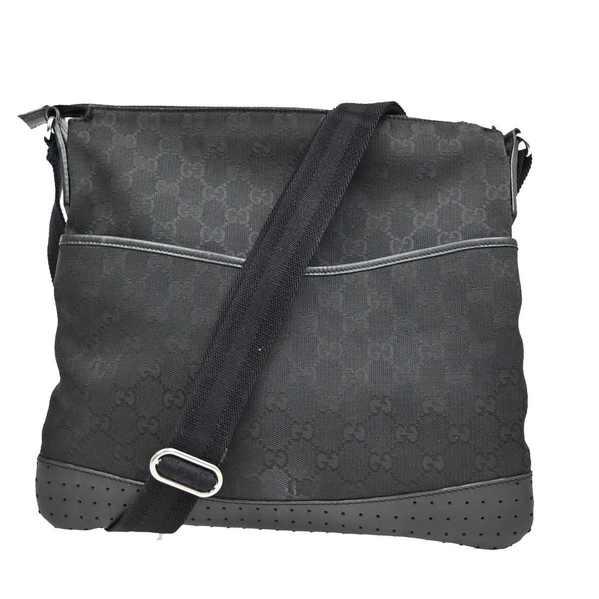 Gucci Zip Messenger Bag Gg Canvas With Perforated Leather Black Canvas Shoulder Bag Bag (Pre-Owned)