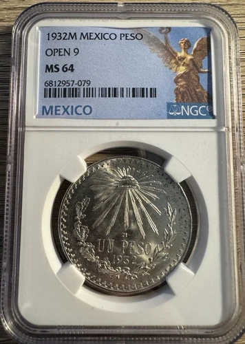 1932 Mexico 1 Peso - NGC MS64 “open 9”
