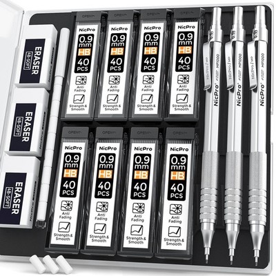 Nicpro 0.9 mm Metal Mechanical Pencil Set with Case, 3PCS MM, Silver 