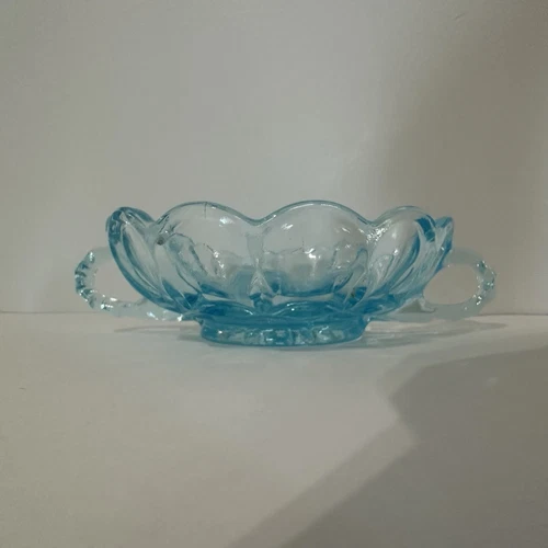 Vintage Anchor Hocking Double Handle Glass Bowl Sky Blue Fairfield Pattern