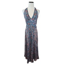 White Waves Womens Paisley Halter Maxi Dress Blue Pink Boho Smocked S/M New