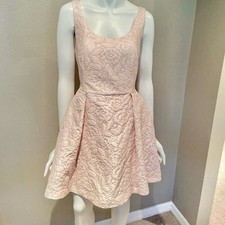 Halston blush pink lace floral jacquard pleated dress.