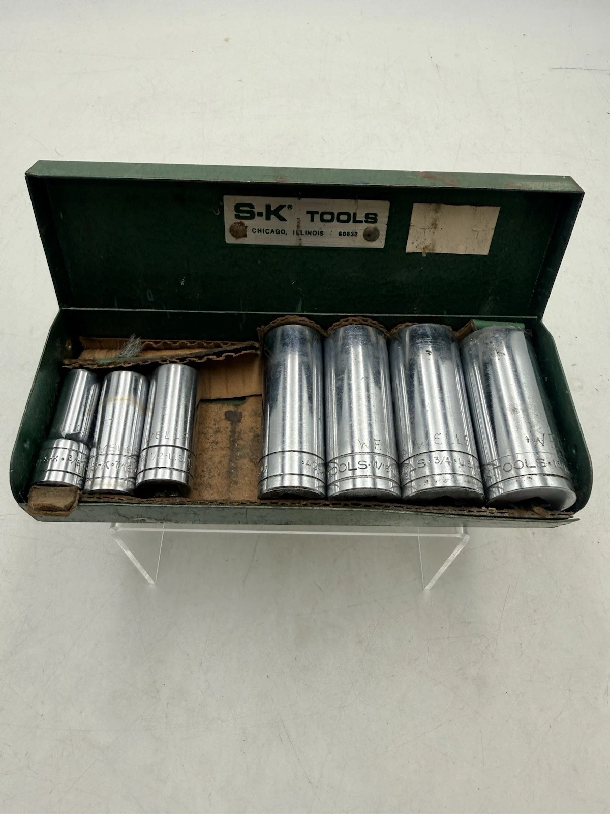 Vtg S-K WAYNE Tools 3/8" Drive SAE 7pc Deep Well Socket Set In Orig. Metal Case
