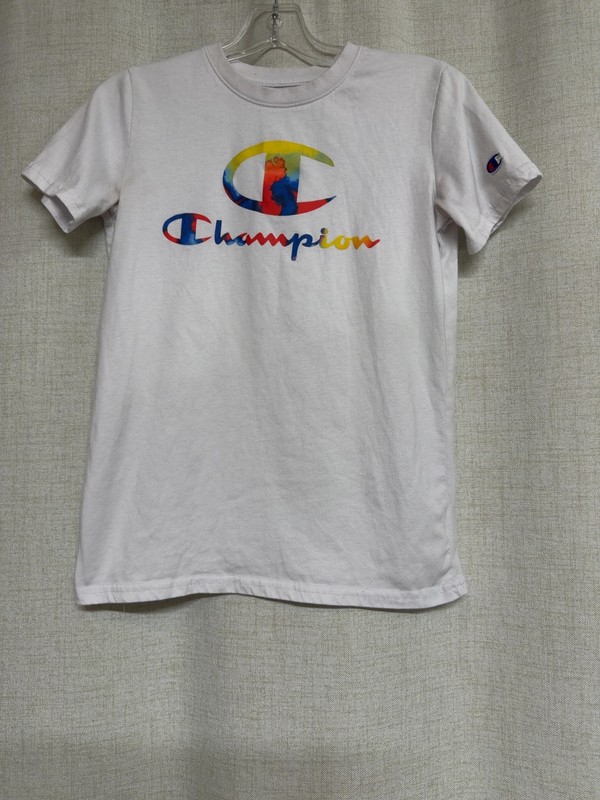 CHAMPION White Kids T-shirt Multicolor Tie Dye Logo Graphic Tee sz L   LW