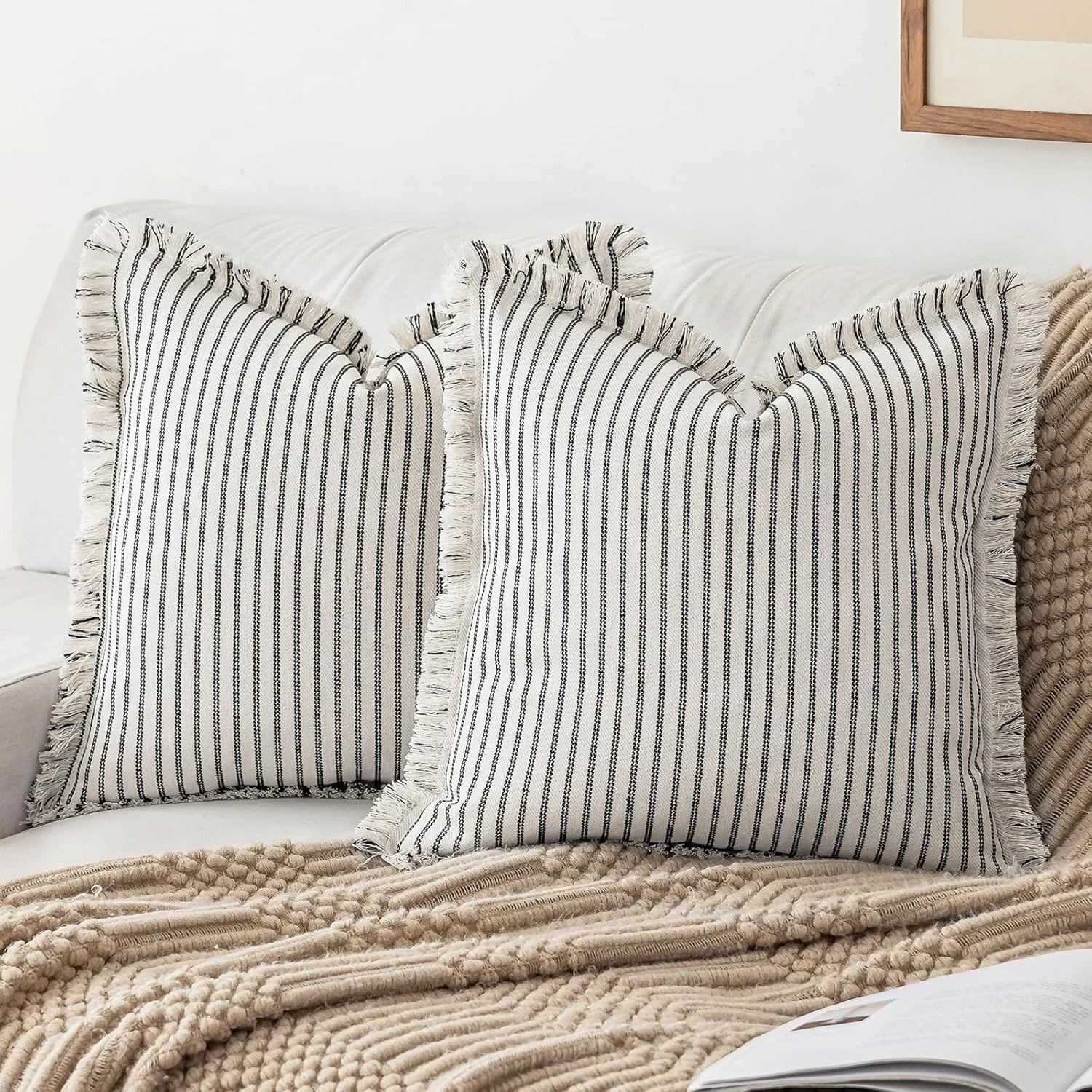 Throw Pillow Covers 16x16 Set of 2 Striped Fringe Pillow Cover Farmhouse Cushion