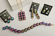Handcrafted Delicate Fused Dichroic Glass Pendant, Earrings X 3, Bracelet Set