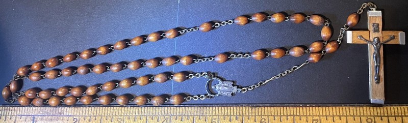 Vintage Missionhurst Catholic Rosary Silver Tone & Brown Wood Beads Italy