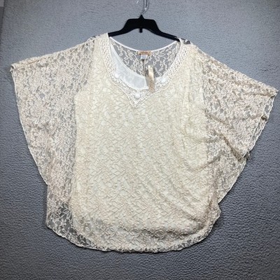 Lavish Plus Top Women Plus 1X Cream Floral Lace Batwing Crochet USA Made Flowy