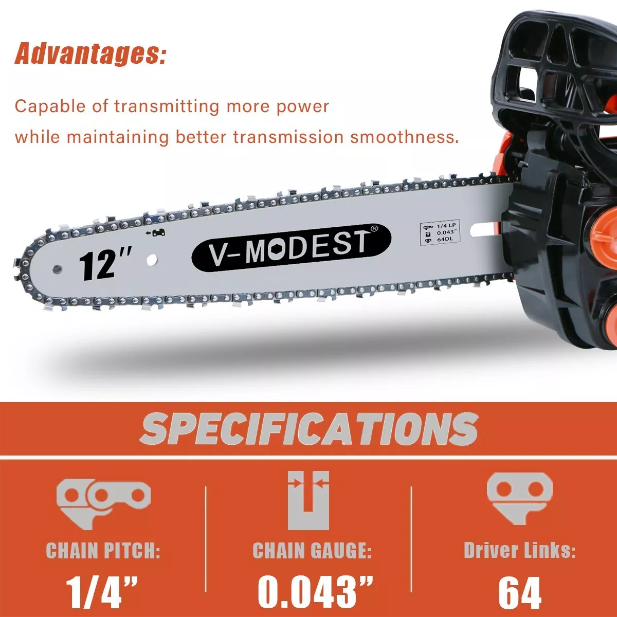 V-MODEST 2511 12" Gas Chainsaw 25cc 1.5HP 2-Cycle Engine Top Handle Climbing Saw | UK