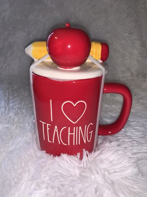 Rae Dunn~ I Love Teaching~ Mug Apple & Pencil Figural Topper Red New 2021   
