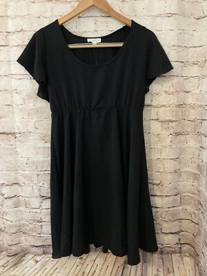 See You Monday LA Dress Womens Large Black LBD Fit & Flare Flowy Flutter Sleeve