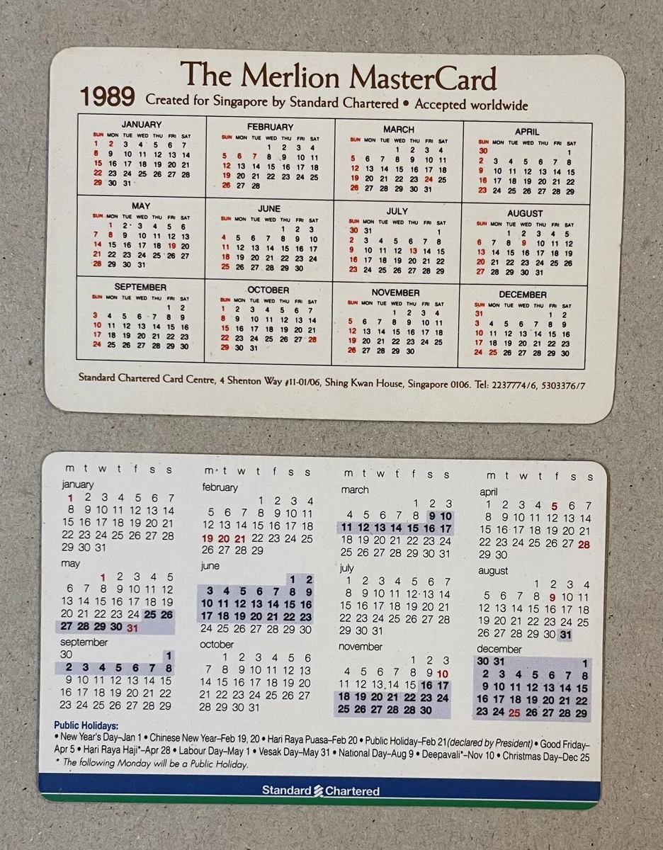 1989/1996 Singapore Standard Chartered bank credit card design pocket  calendar | eBay