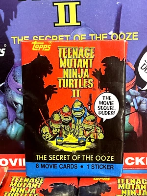 1991 TOPPS TEENAGE MUTANT NINJA TURTLES 2 Hit Movie 🍿 CONFEZIONE 8 carte 1 adesivo OV