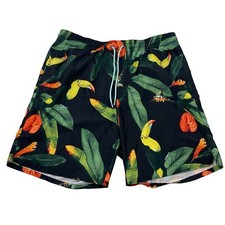 Old Navy Black Floral Tropical Toucan Lined Swim Trunks Size L Drawstring Waist