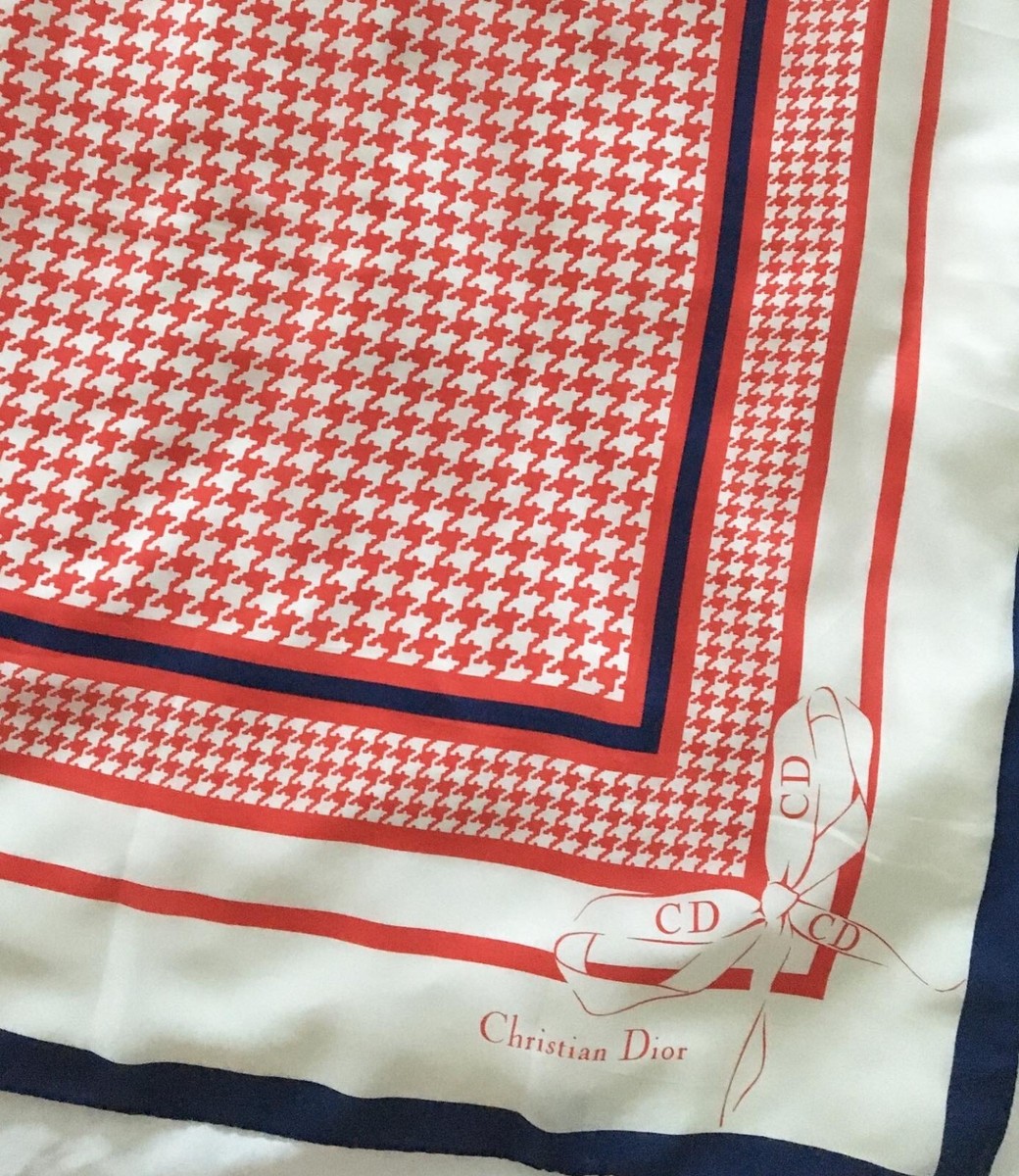 Christian Dior vintage red blue and white houndstooth silk