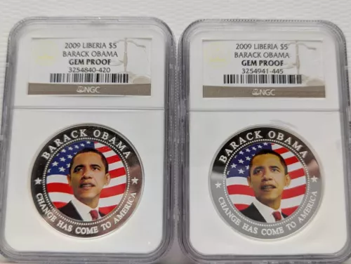 2009 $5 DOLLAR LIBERIA "BARACK OBAMA" NGC GEM PROOF  "SILVER PLATED" LOT OF 2