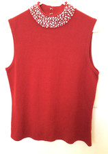 Mercer Street Studio Knit Sweater Red Sleeveless Stretch Beaded Mock Neck Wms XL