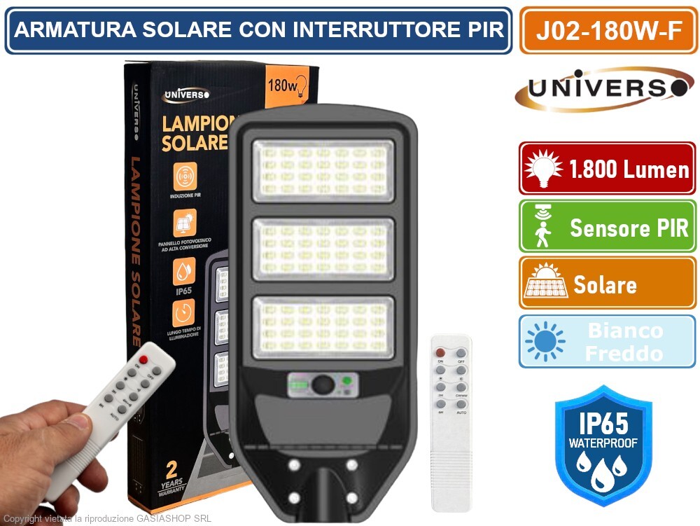 LAMPIONE STRADALE LED 180W EQUIVA. CON PANNELLO SOLARE FOTOVOLTAICO ESENSORE PIR