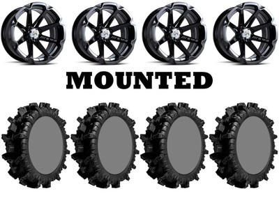 Kit 4 SuperATV Terminator MAX Tires 28x10-14 on MSA M12 Diesel Black Wheels HP1K