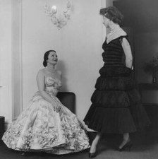 Two women wearing two afternoon dresses by Battilocchi 1954 Old Photo