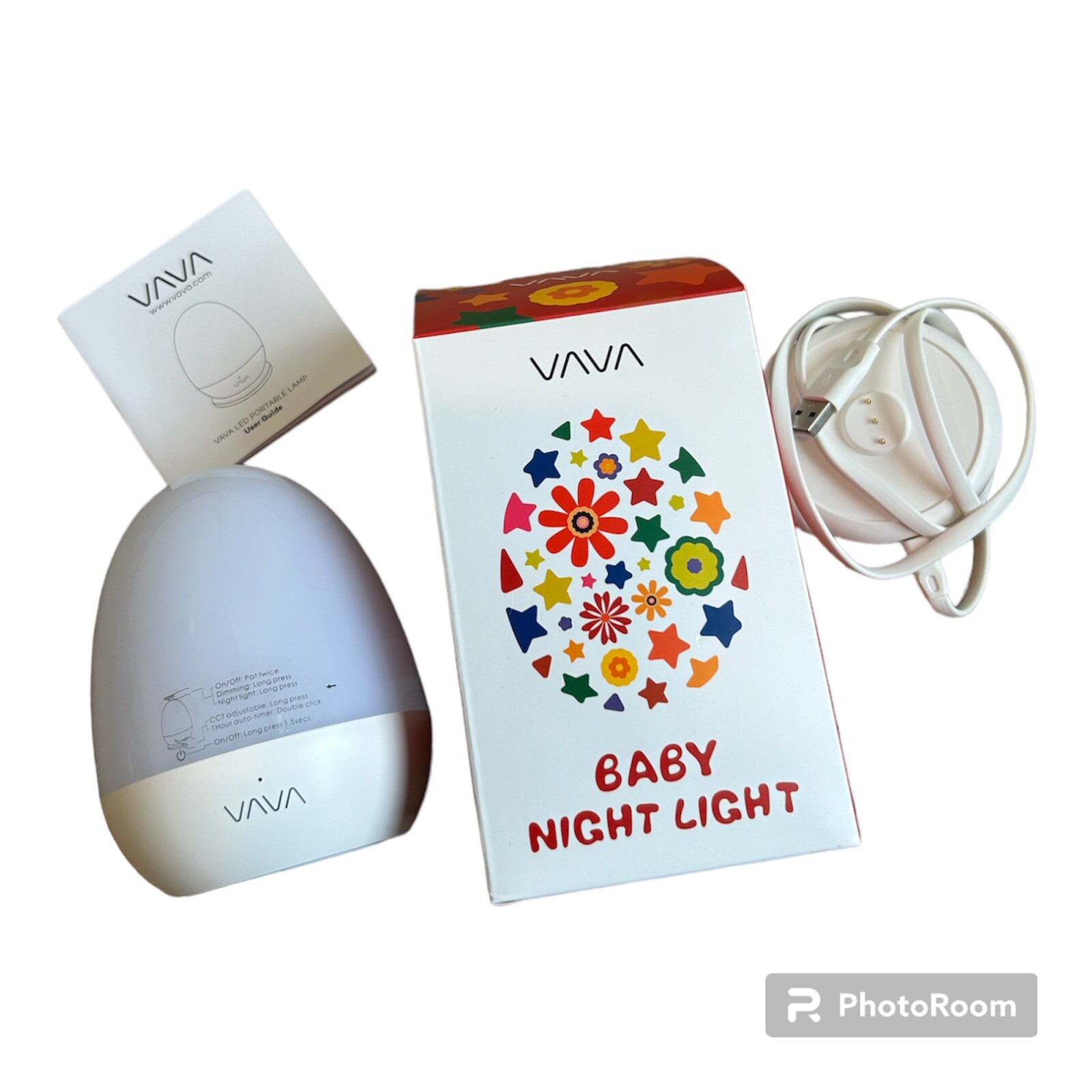 VAVA Baby Night Light White Bedside Lamp Dimmable W/ Charging Base