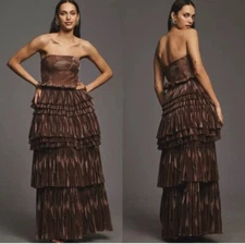 Anthropologie Hutch Nalina Strapless Tiered Tulle Maxi Dress Floral Pleated Sz 4