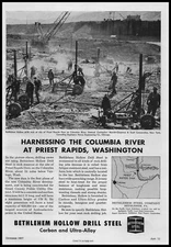 1957 Priest Rapids Dam Workers Photo Vantage Washington Bethlehem Steel Print Ad