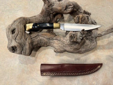 Beautiful Stainless steel belt knife w black horn handle, brass bolsters &sheath