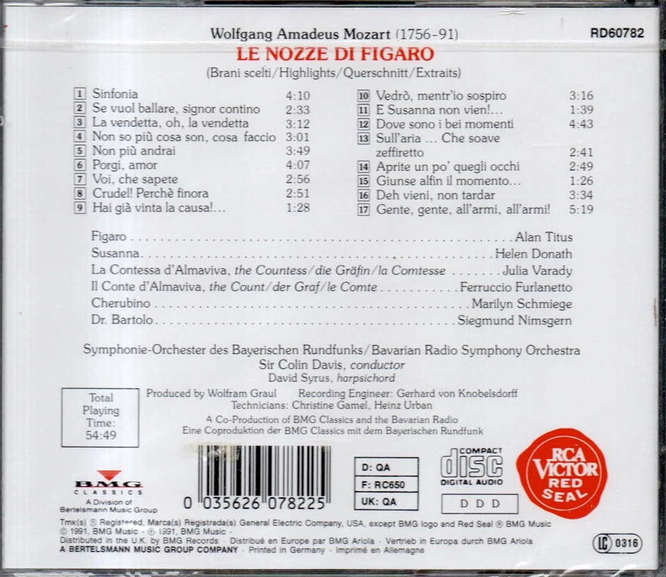 NEU:  Mozart LE NOZZE DI FIGARO (Highlights) Titus Donath Varady u.a.  (CR5028) - Bild 2 von 2