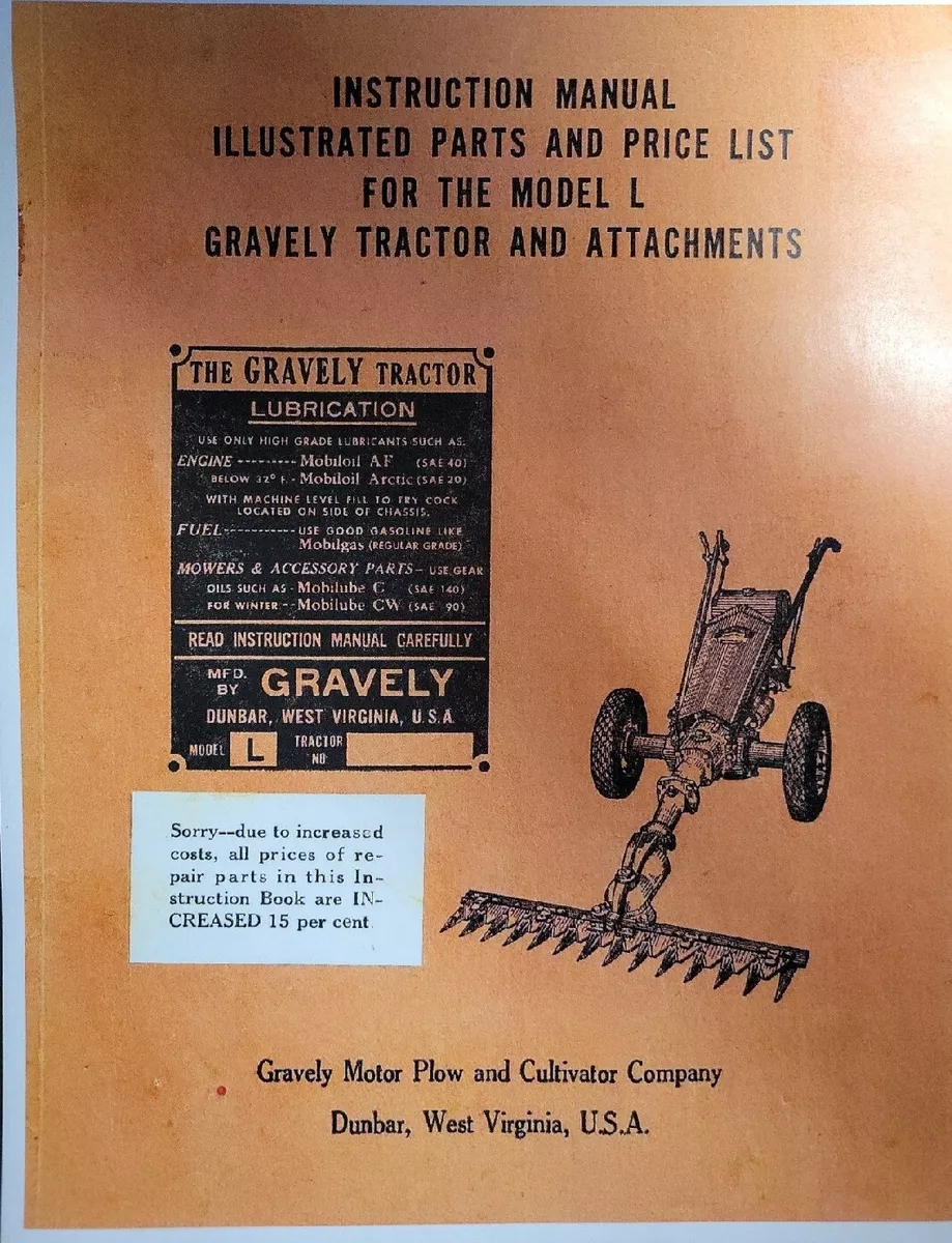 Gravely 1950 5 hp L Walk Behind Garden Tractor Implements Owner Parts Manual