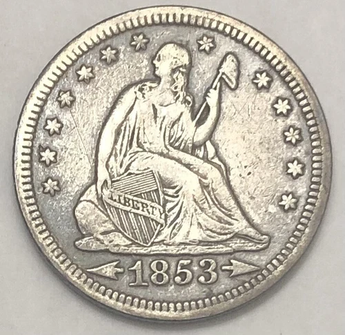 1853 Arrows & Rays Seated Liberty Quarter XF Details