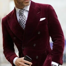 Red Velvet Men's Suits Peak Lapel Double Breasted Wedding Dinner Host Blazer