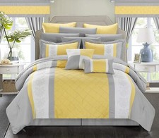 Yellow Gray White Pintuck Striped Block 24pc Comforter Window Set Queen King Bed