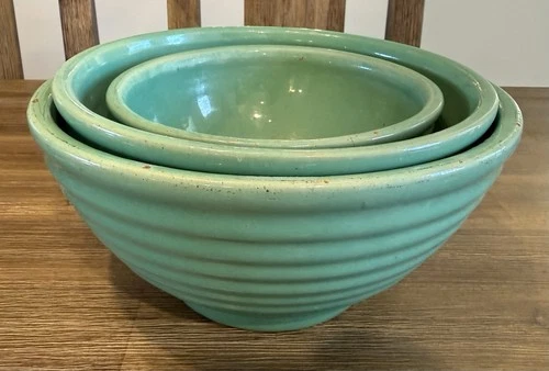 Set 3 Vintage Bauer Pottery Beehive Ribbed Green Nesting Mixing Bowls L@@K
