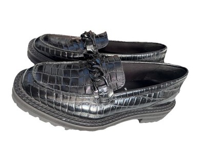 Marks & Spencer s Damen Schwarz Leder Kroko-Optik Grob Halbschuhe Slipper Größe 7,5