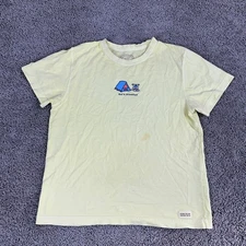 Life Is Good Shirt Womens M Yellow Blue Bed & Breakfast Camping Tent Ladies*