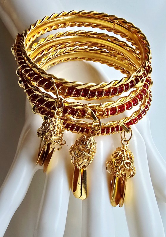 Elegant Traditional Gold Plated Tassel Bangle Set Royal Red Glass Beads Wedding 