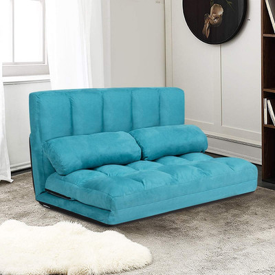 Adjustable Floor Sofa Bed with 2 Pillows - 6 Positions, Blue Suede Couch