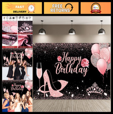 Happy Birthday Banner Decorations - Black Pink Backdrop 6x3.6ft, Rose Gold Par
