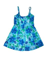 Vintage Maxine of Hollywood Womens 14 Blue Green Floral One Piece Swim Dress USA