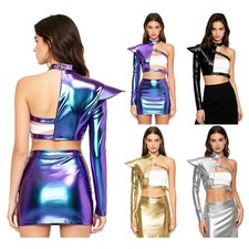 Women Crop Top Metallic Shiny Corset Cocktail Jacket Accessories Nightout Rave