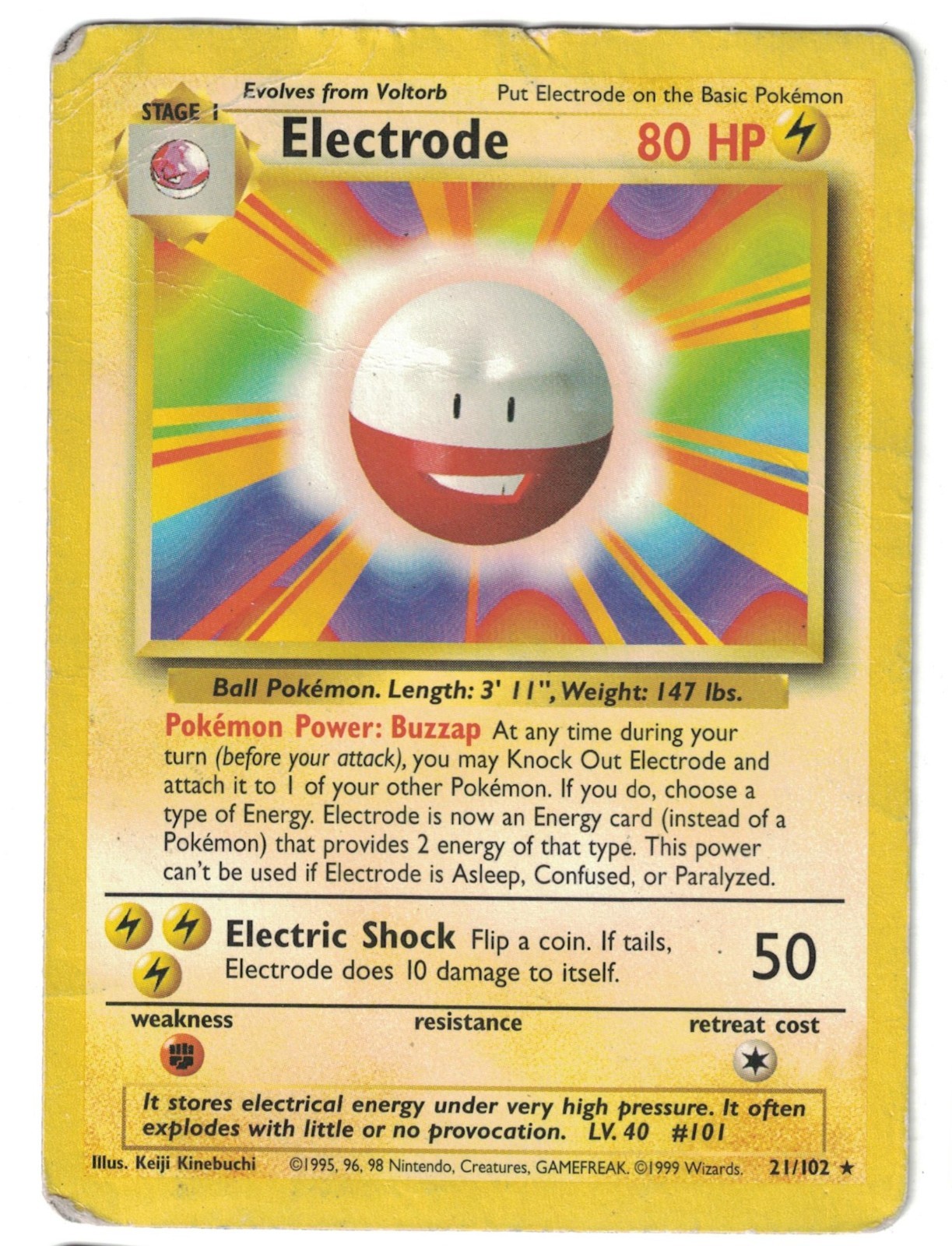 1999 Pokémon TCG Base Set Electrode Card 21/102 Unlimited Rare, Ungraded DMG