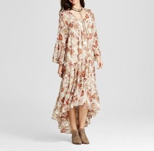 Mossimo Womens Floral Tiered Maxi Dress M Whimsigoth Boho Peasant Empire Sheer