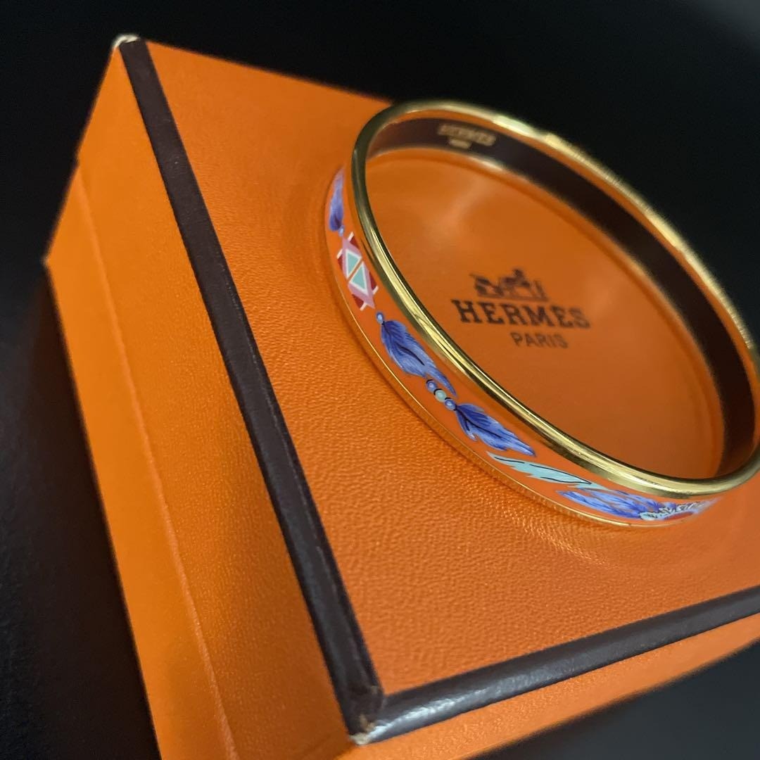 HERMES Enamel Bangle Bracelet Email PM Orange Blue Floral Motif US