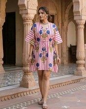 Hand Block Cotton Kaftan Women Beach Cover Up Maxi Dress Boho Summer Wear
