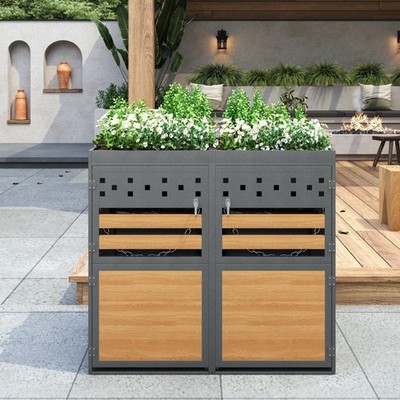 Mülltonnenbox 2er G-OT7704S 120-240L Anthrazit Holzoptik Pflanzdach