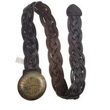Vintage OLD NAVY Braided Leather Belt Dark Brown Brass Medallion Plate Buckle S