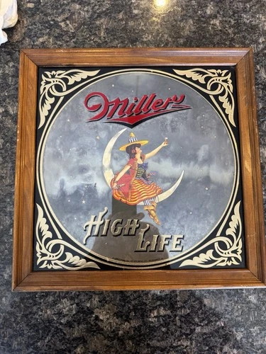 Vintage Miller High Life 1980 Girl On The Moon Beer Mirror Wall Bar Sign 14"x14"