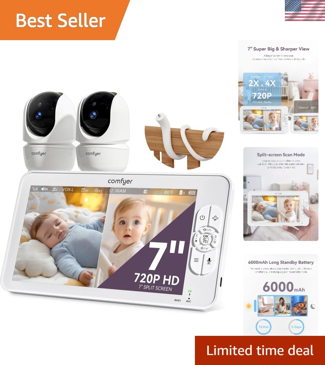 2 Camera Baby Monitor with Remote PTZ, Soothing Sounds & Auto Night Vision